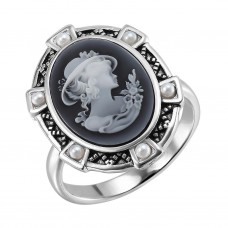 Кольцо из родированного серебра 925 пробы с камнями: агатом, жемчугом